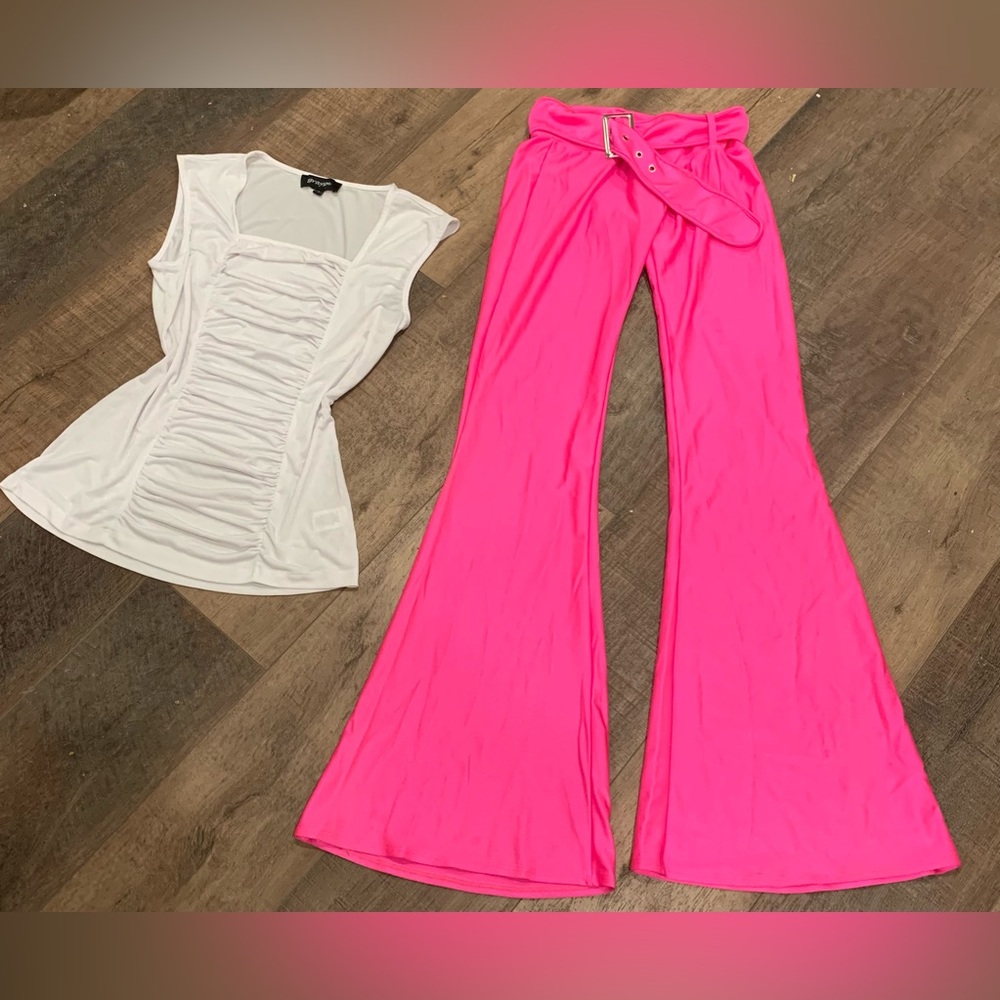 BUDNLE of flared hot pink low rise pants and white sheer top